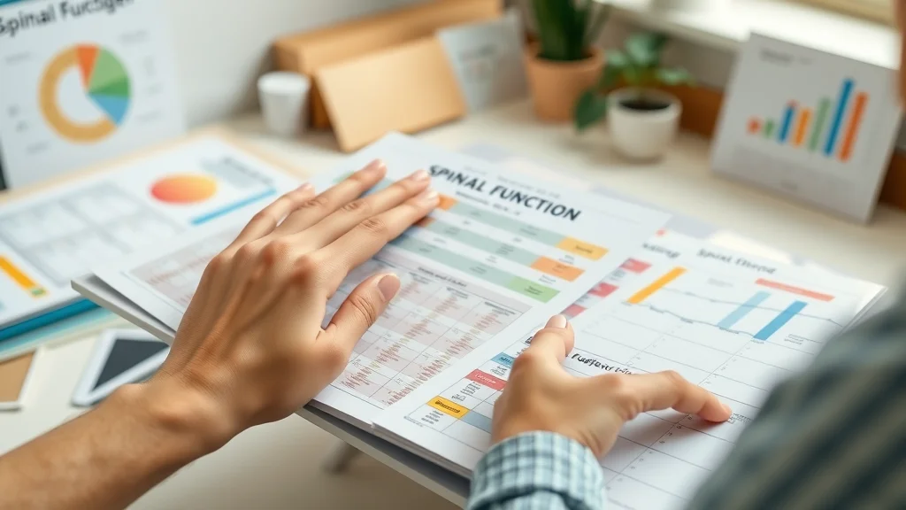 hands evaluating spinal function chart materials, showing laminated and cardstock options