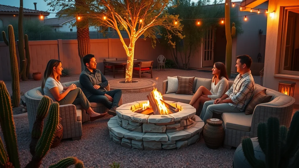 Cozy Arizona backyard with built-in fire pit, friends gathered, and desert garden ambiance.