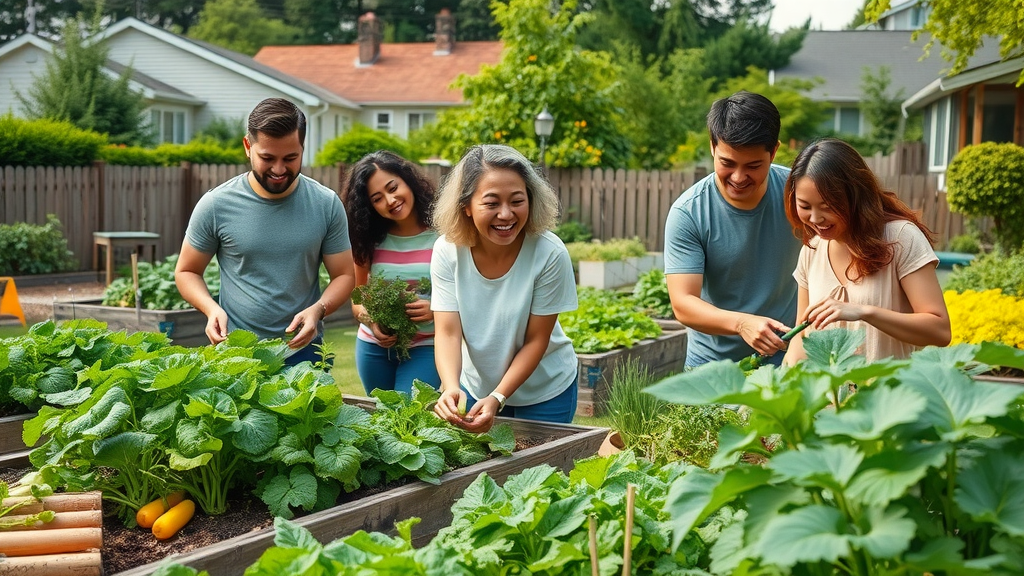 lively urban backyard with diverse homeowners tending raised beds of vegetables, requisites of the home vegetable garden
