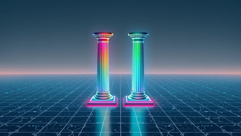Four digital pillars of ethical AI governance, glowing with different colors, photorealistic, futuristic setting. Four pillars of ai governance.