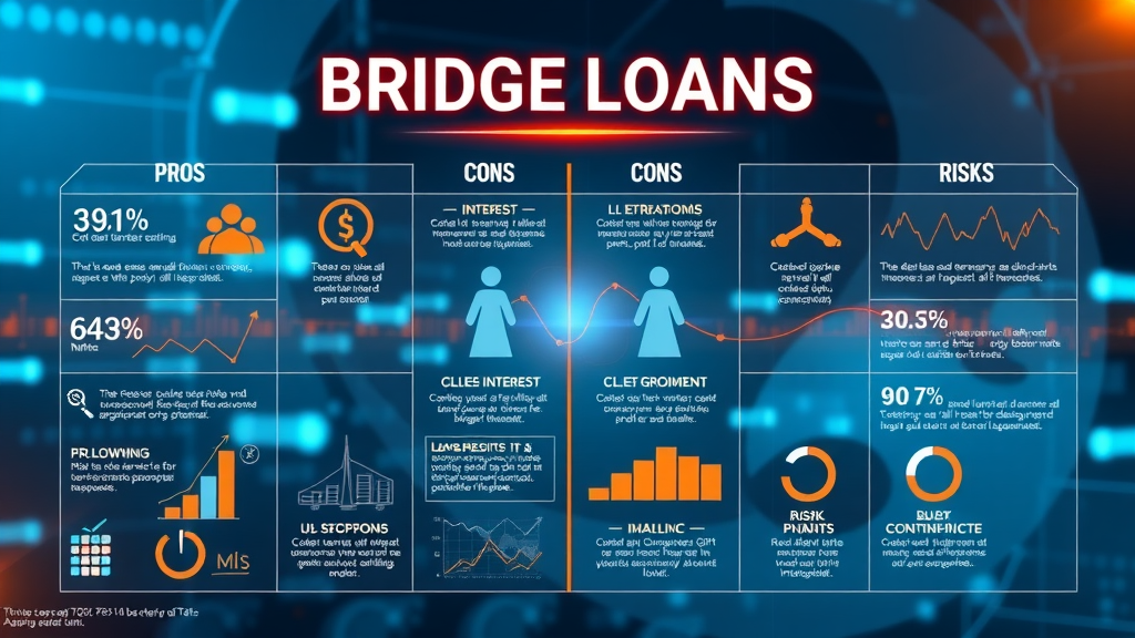 Bridge loans pros and cons infographic, interest rates, repayment timeline, home financing risks chart