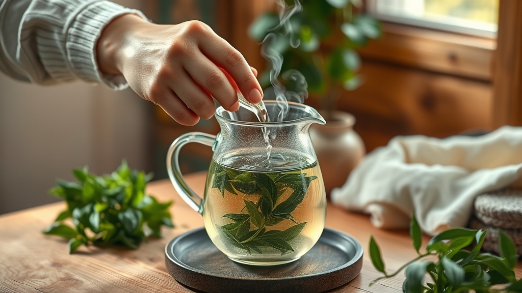 Inviting scene of hands pouring hot water over fresh tulsi leaves in glass teapot for new study reveals holy basil can reduce cortisol levels by 36% in just 40 minutes