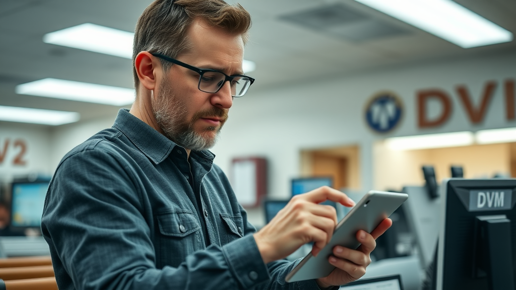 Florida traffic school registration process, man filling out online form at DMV service desk