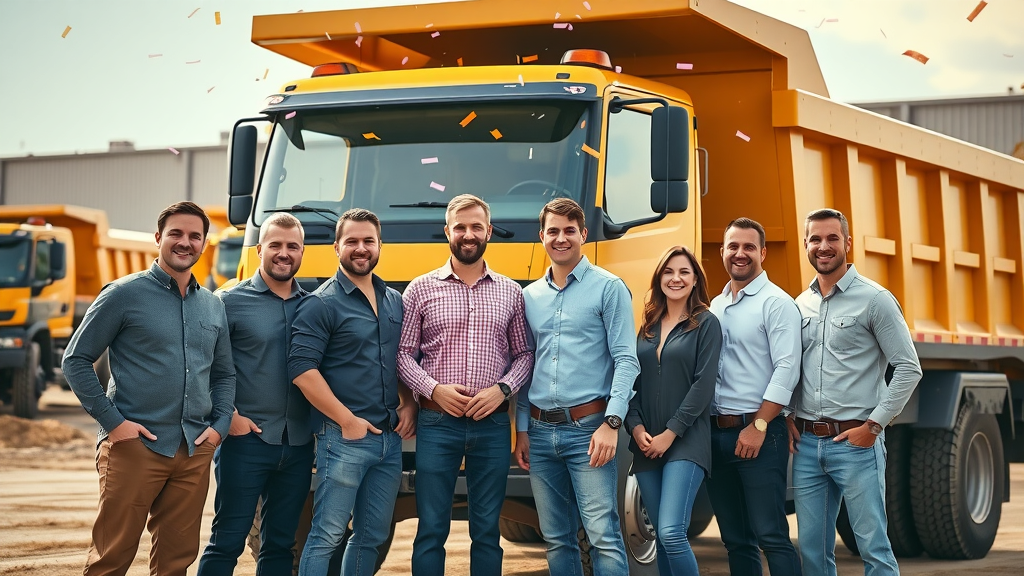 Proud construction business team celebrating in front of newly acquired dump truck, success, achievement, construction yard