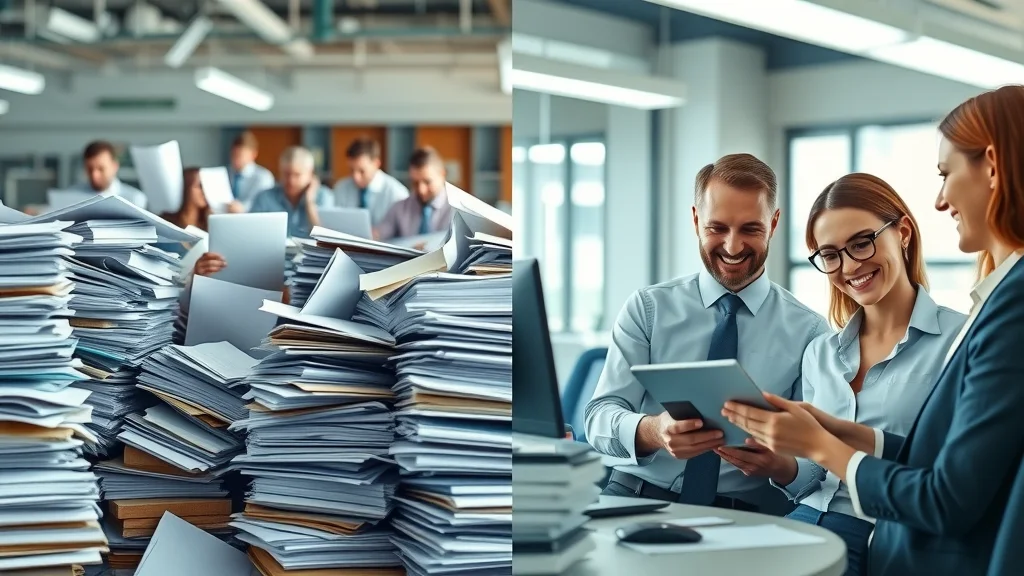 Side-by-side before and after scene showing trucking staff shifting from paper chaos to digital management software ease