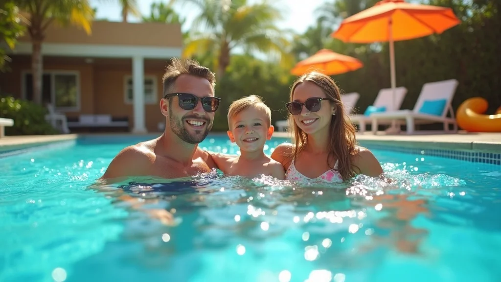 Miami family enjoying a sparkling clean pool after reliable pool cleaning service, with kids playing and tropical backyard scenery