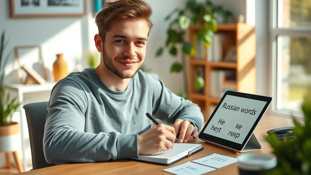 Confident learner writing Russian words and grammar, surrounded by flashcards and Russian resources