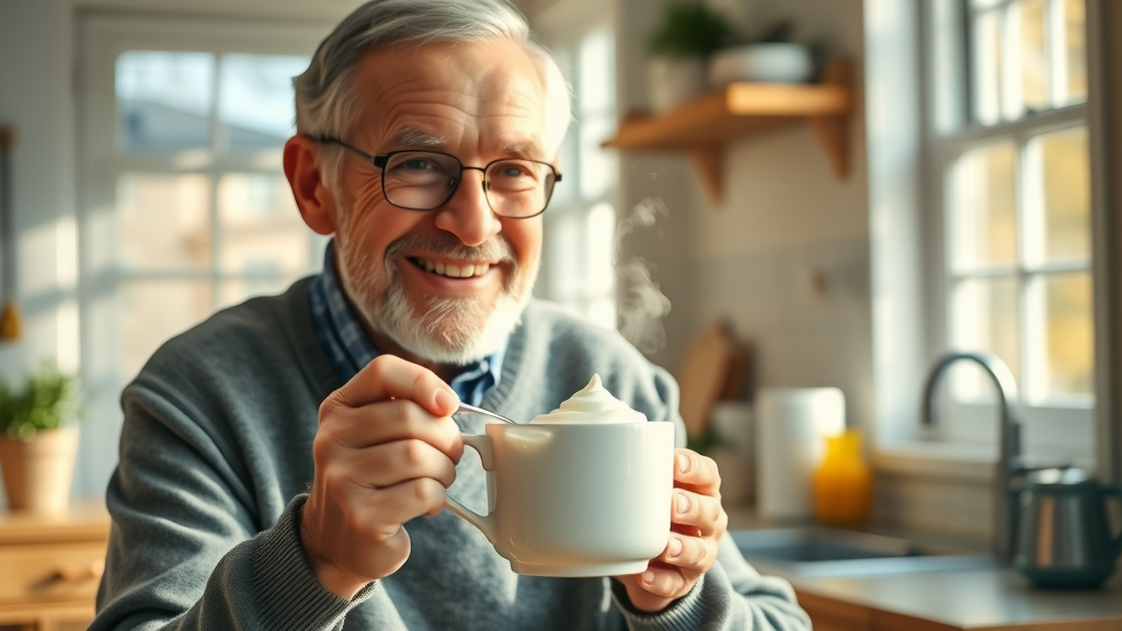 inviting yogurt breakfast scene with cheerful retired individual enjoying probiotic yogurt in a bright kitchen, probiotics in yogurt breakfast