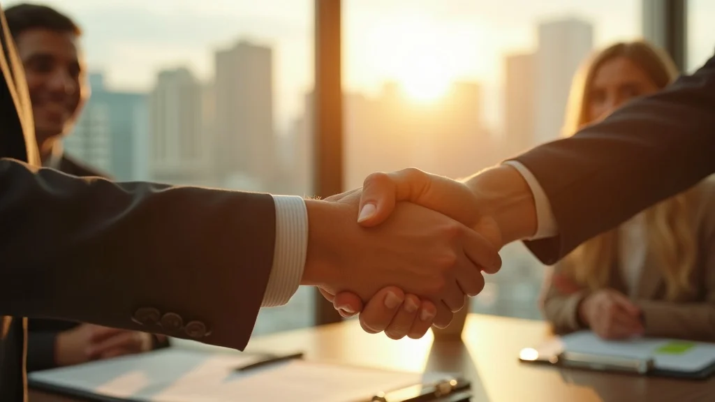 Business partners celebrating a successful business acquisition in Boston with a handshake in a sunny office setting.