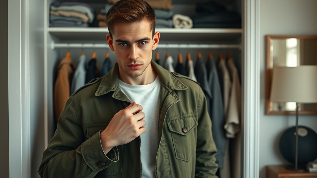Fashionable person selecting an army jacket from a well-kept closet, captured in a cozy bedroom for an editorial aesthetic.