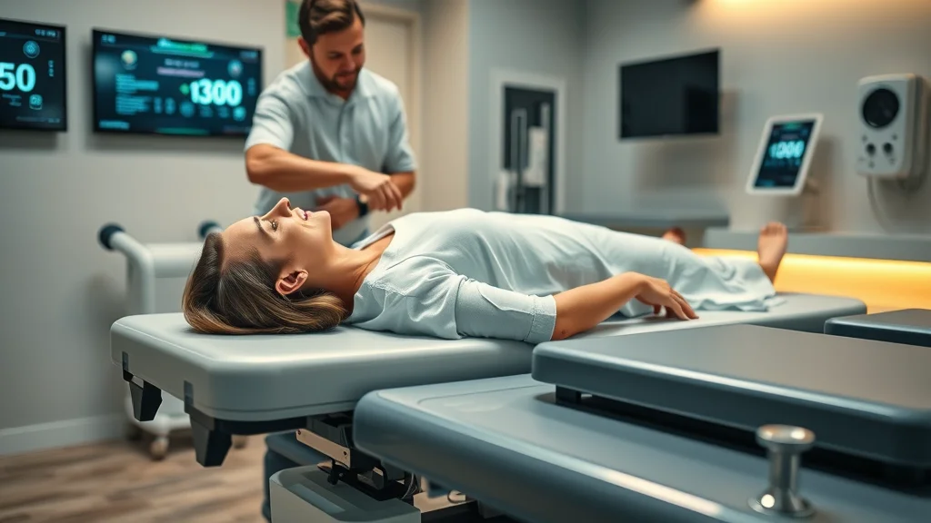 Spinal decompression therapy at a Sacramento chiropractic clinic, showing a patient on a specialized table and chiropractor adjusting high-tech decompression device for back pain relief.