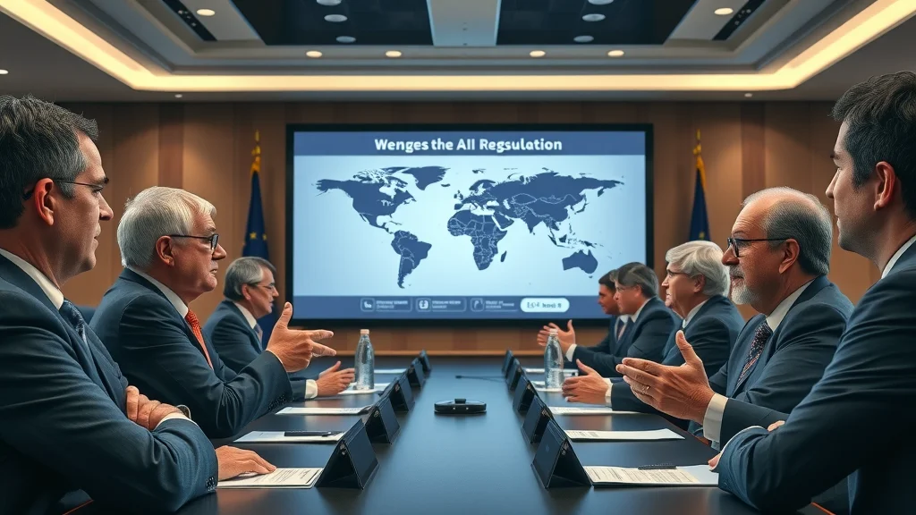 Policy leaders discussing AI regulation at global conference, world map projection, international AI governance standards.