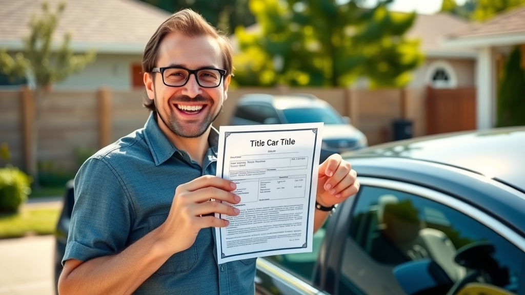 Excited car owner receives title after financing a car, illustrating complete ownership of a financed vehicle