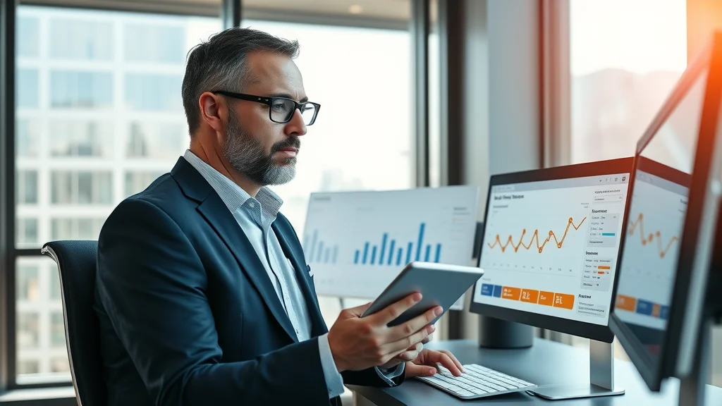 Business owner reviewing fleet management software analytics dashboard for key fleet performance metrics