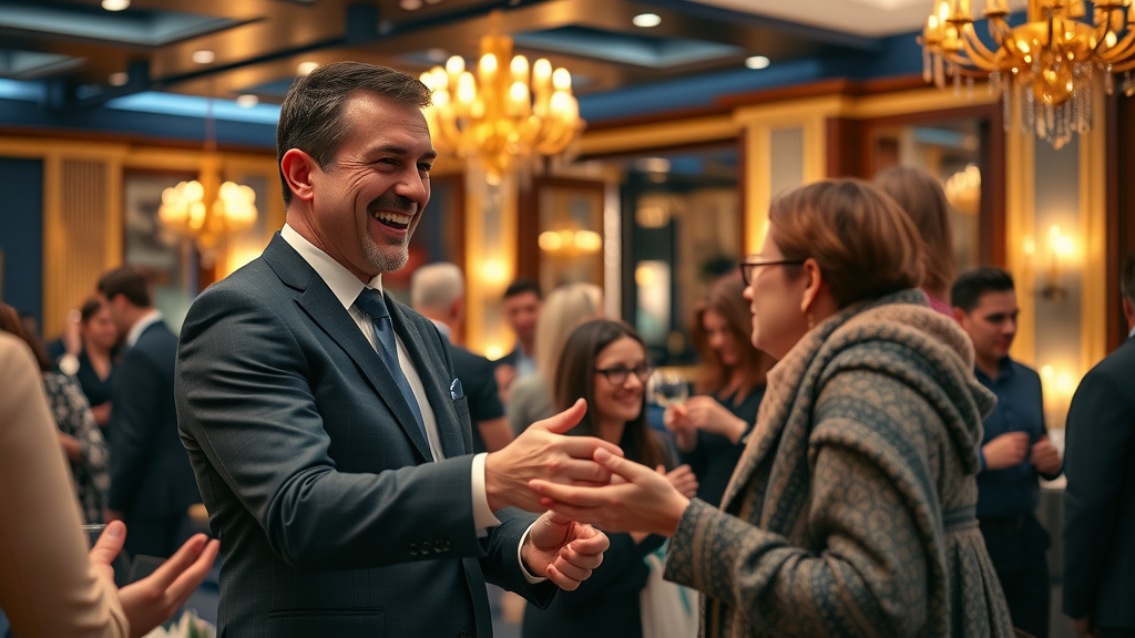 Business owner greeting loyal customers at exclusive event, handing out gifts and building relationships