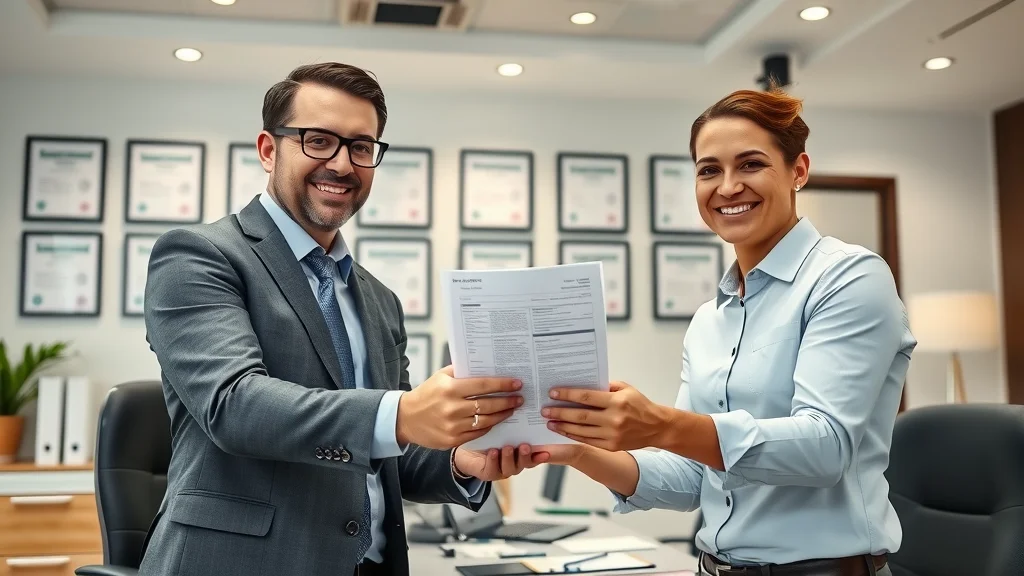 cpa services: Confident CPA handing finalized tax documents to a smiling client in a contemporary accounting office, exemplifying trust and accuracy.
