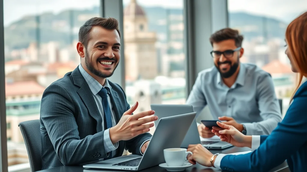Confident businessperson communicating in Italian during a meeting with Italian colleagues in a modern office setting.