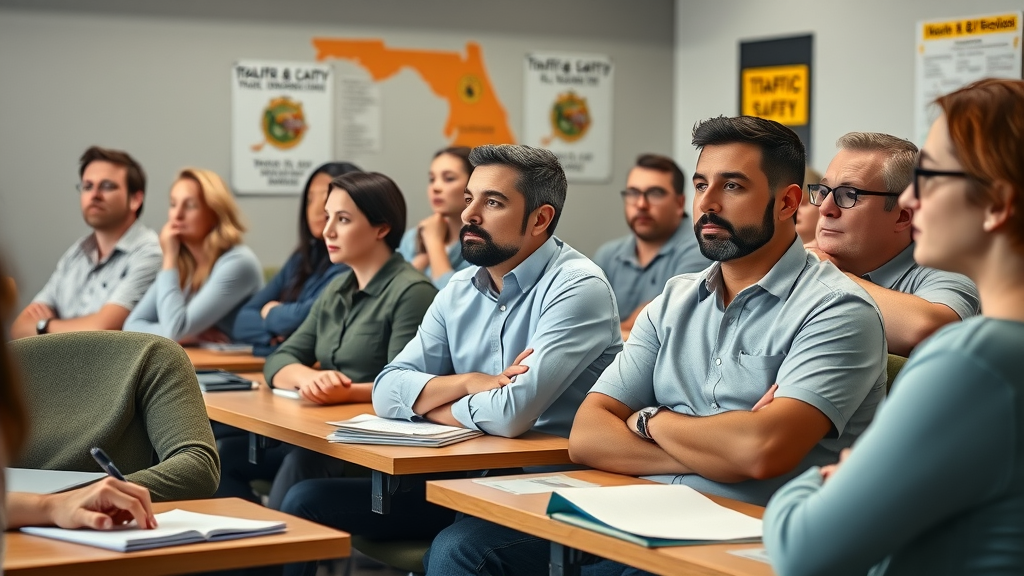 Florida traffic school classroom, adult students learning traffic safety