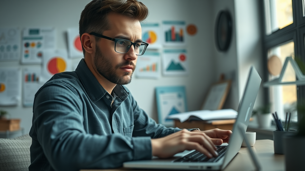 Focused marketer building email marketing campaign to grow customer base for small business