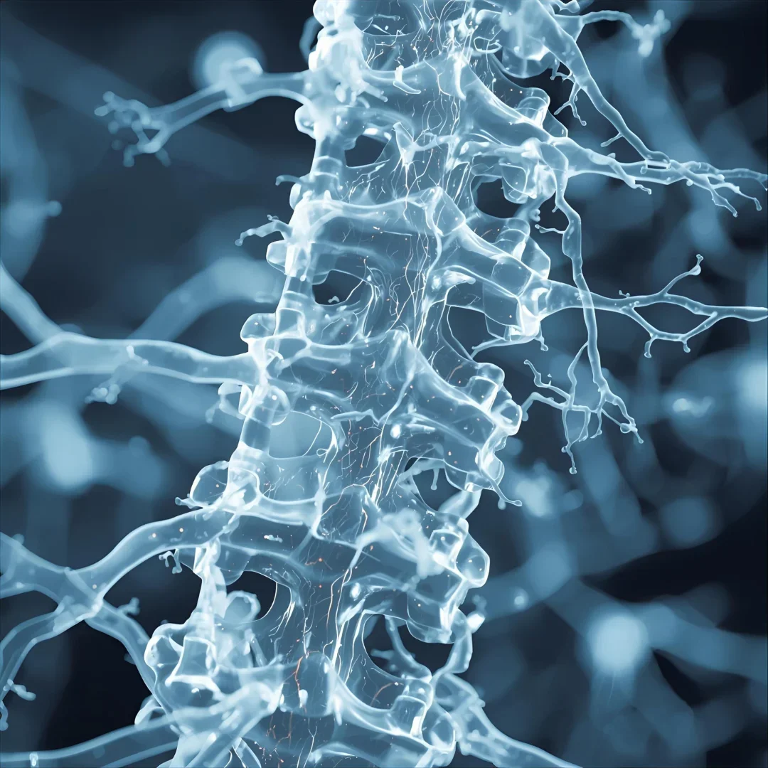 Closeup of a realistic nerve cell network connecting down a translucent spinal cord model, illustrating nerve function within the chart of nerves from spine.