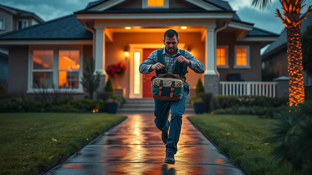 Emergency plumbing in Orlando, plumber rushing toward Orlando home at dusk