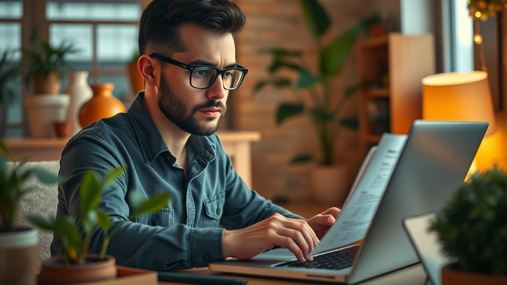 fast business funding application: entrepreneur uploading documents for lender approval in a cozy workspace