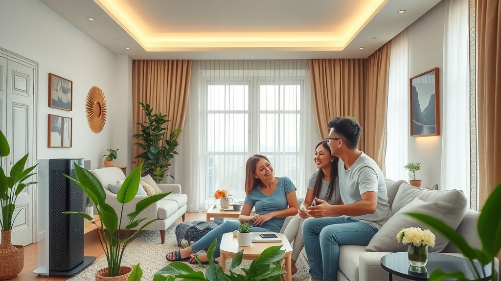 modern stylish home interior, elegant air purifier device, family enjoying fresh air, Photorealistic High Fidelity Lifelike, spacious open-plan living area with green indoor plants, highly detailed, gentle airflow visible, subtle movement of drapes, natural warm lighting, shot with a wide-angle lens. Indoor air purification