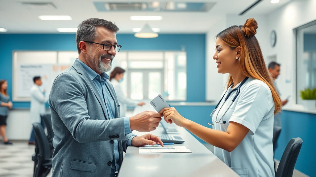 Direct billing for Physical Therapy Calgary, patient handing insurance card to receptionist, easy process