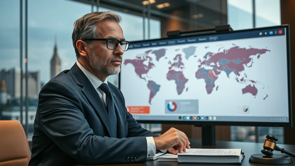 AI lawyer explains global AI regulations and points at a map in a modern law office