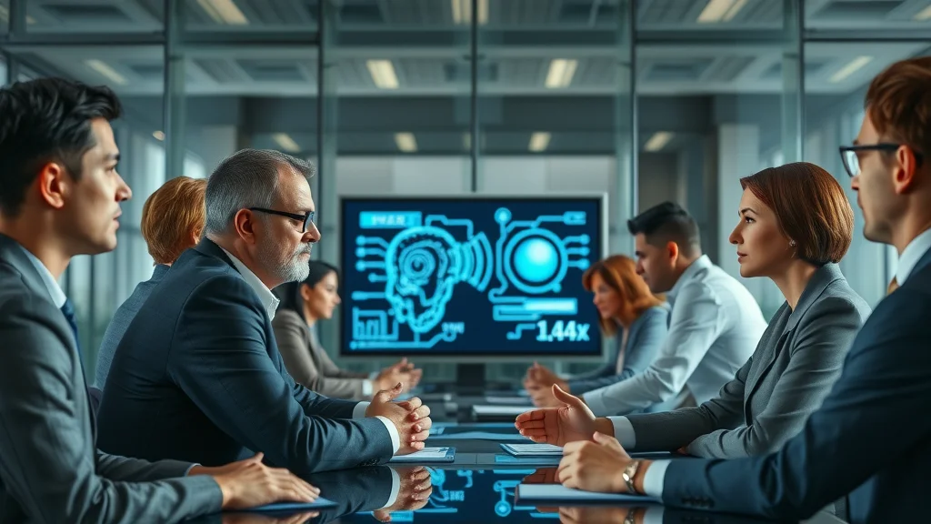 Corporate boardroom discussion of ethical AI governance with professionals analyzing AI data displays