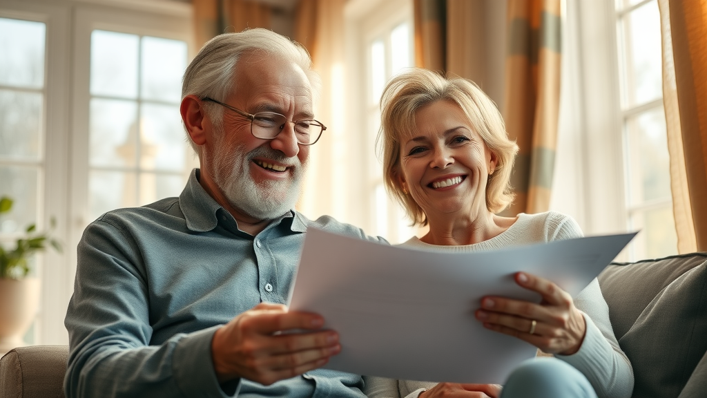 optimistic retired couple reviewing finances supplementing social security with skills you already have, cozy home interior with sunlight