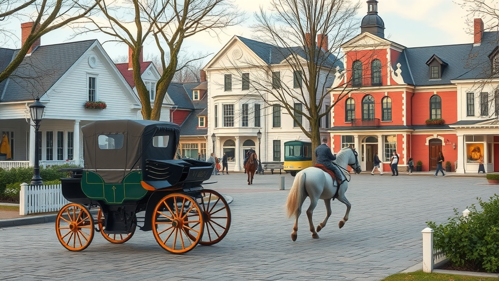 Quaint Mackinac Island scene with a horse-drawn carriage passing through a charming village square