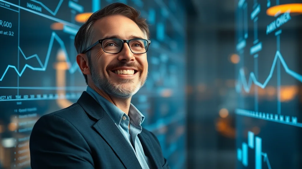 Inspirational consultant gazing at holographic AI data in a high-rise professional services strategy room.
