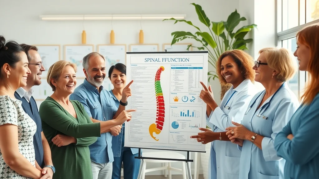 patients and practitioners discussing a spinal function chart at a wellness event