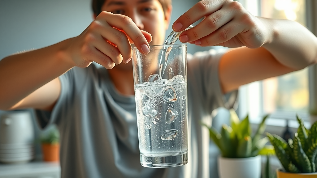person pouring a glass of water in morning light
