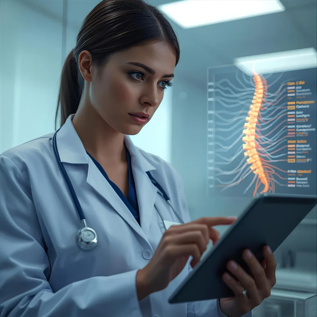 Professional clinician analyzing a digital 3D spinal nerve chart on a touchscreen tablet, utilizing the chart of nerves from spine for precise diagnosis.