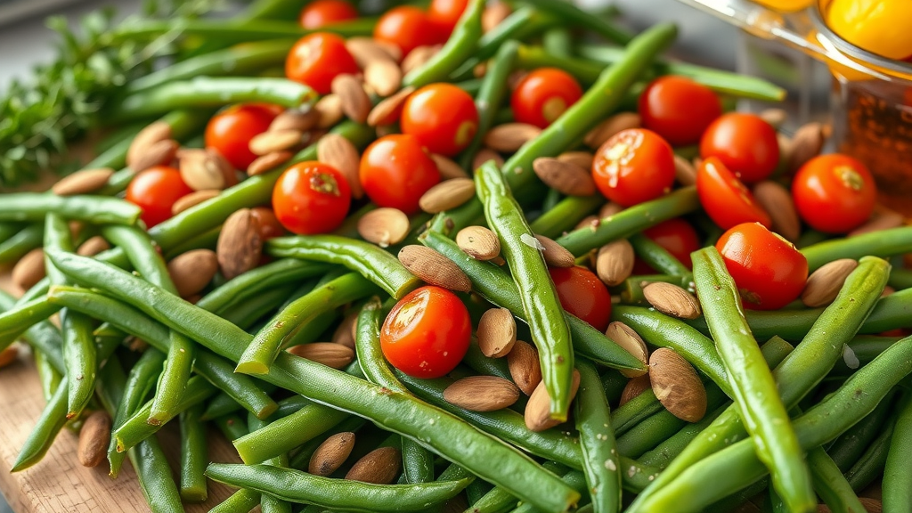 Assortment of cooked and raw string beans with cherry tomatoes and almonds—health benefit of string beans