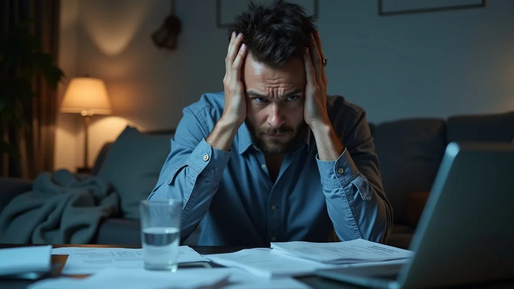 DIY tax return stress: Stressed adult surrounded by receipts and documents worrying over independent tax filing