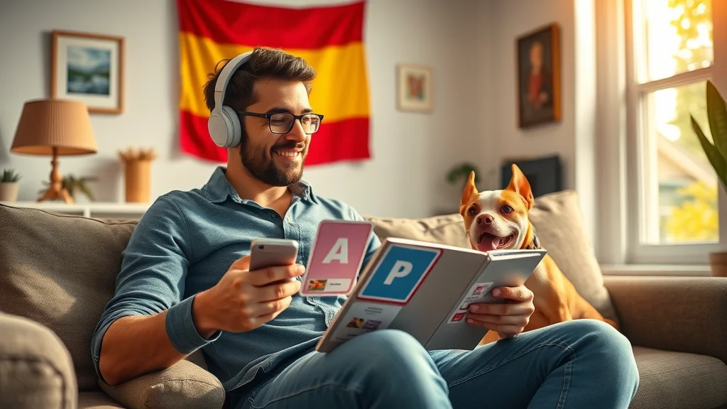 Determined learner uses varied tools for learning Spanish fast at home