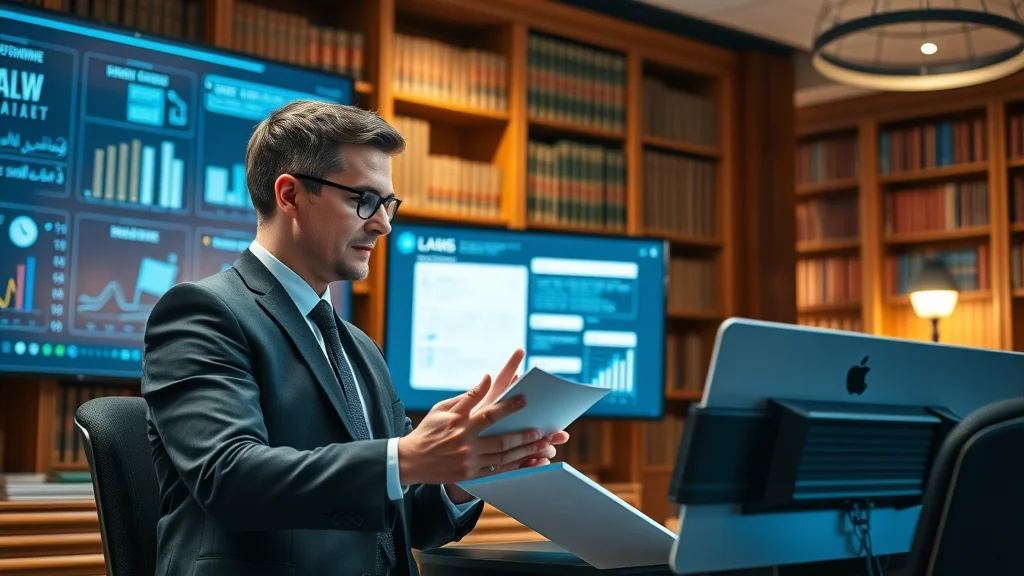 Lawyers in a tech-enabled legal office collaboratively reviewing digital files with AI workflow tools.