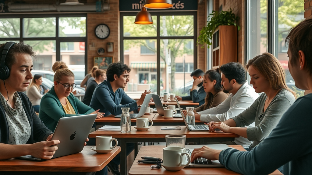 Locals collaborating on informational article publishing in a cozy Glasgow café.