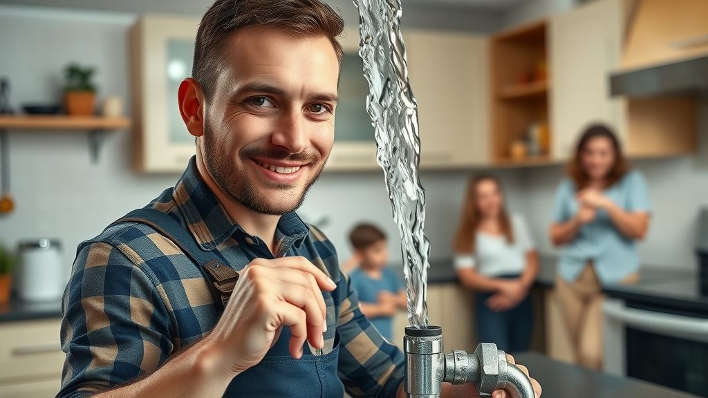 experienced licensed plumber repairing burst pipe in a flooded kitchen as the family observes