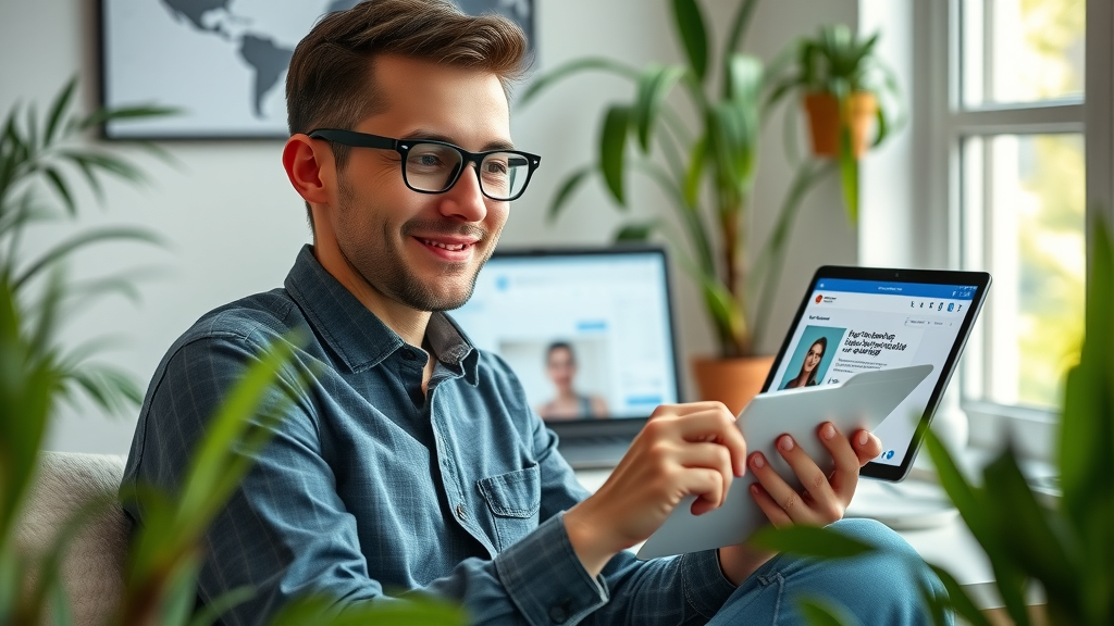 Small business marketer designing email campaign at tablet in a cozy, plant-filled digital workspace