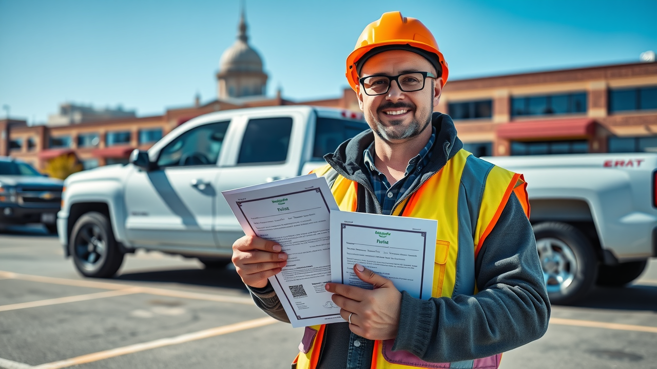 Experienced painter in safety gear with certification documents in front of company vehicle. Professional painters St. Paul Minnesota demonstrating trustworthiness and insurance.