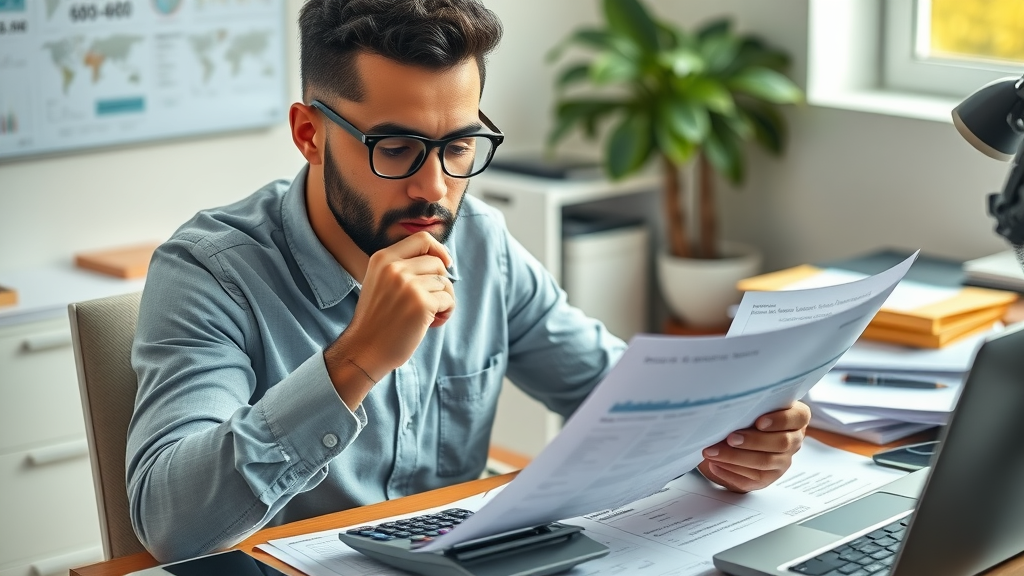 small business owner analyzing cash advance paperwork in office with calculator and charts on desk
