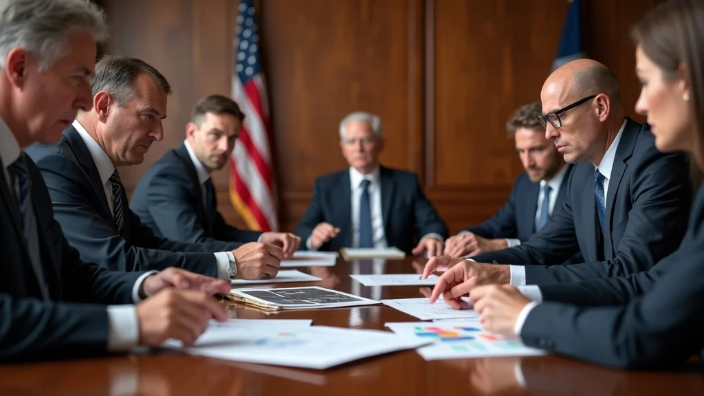 Government officials discuss state and federal law balance – why do we need the constitution, photorealistic, conference table, legal books