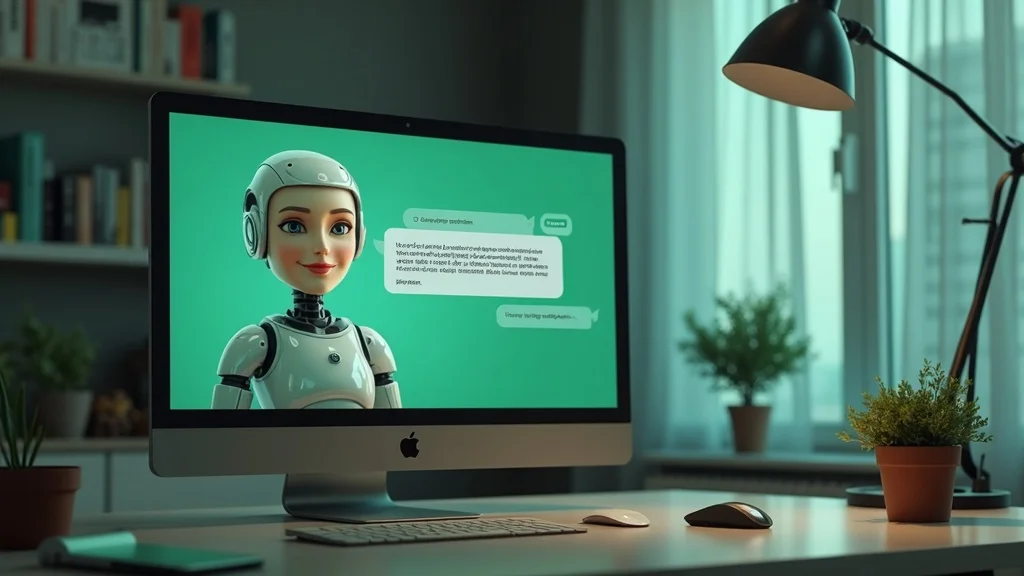 Sleek AI chatbot interface on screen, chatbot avatar helping with tax services for a CPA firm, custom chatbot features in home office environment