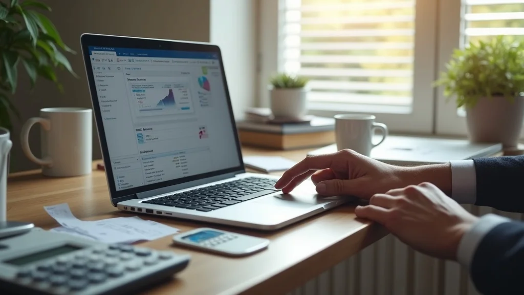 DIY tax prep: modern desk setup with laptop tax software, receipts, and coffee showing direct tax preparation expenses