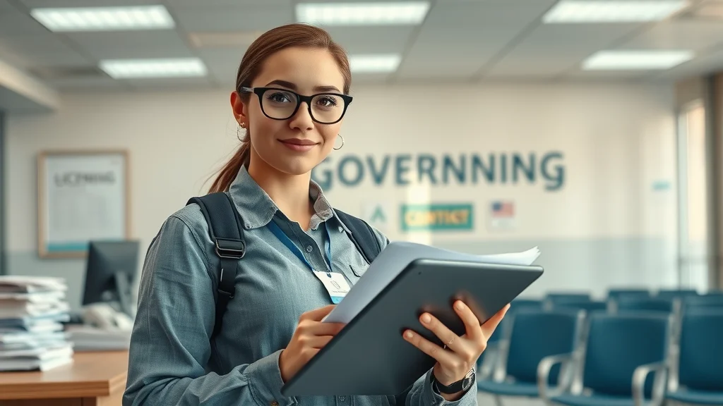 New dispatcher at licensing or registration office with digital tablet and contract folder