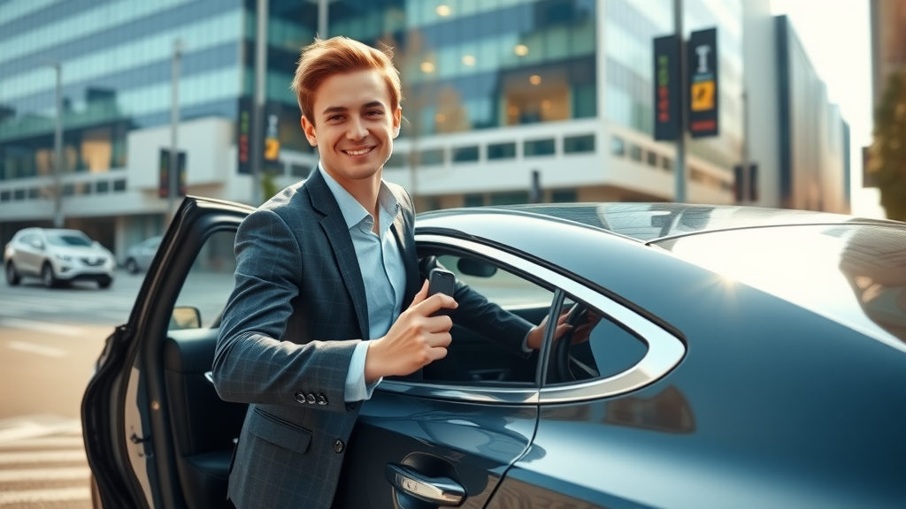 Young professional stepping from new leased car in city, showing when leasing a car is a smart choice for business or urban drivers